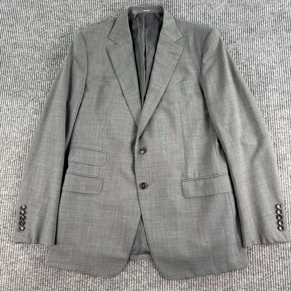 Gucci Suit Jacket 44L Gray Wool Blend Italy GG Lined Luxury Designer Blazer